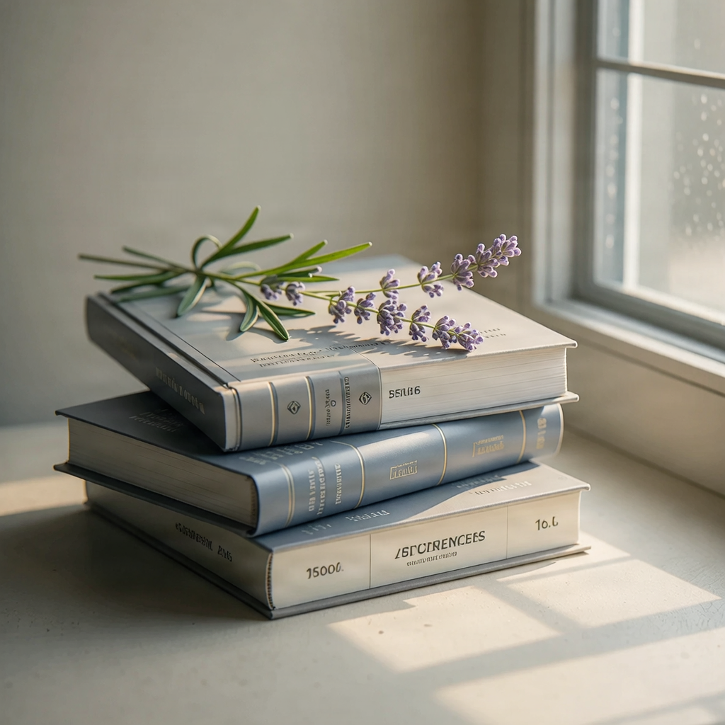 A thoughtful, abstract image of light filtering through a window onto a stack of professional journals and a small lavender sprig, representing clinical reflection.
